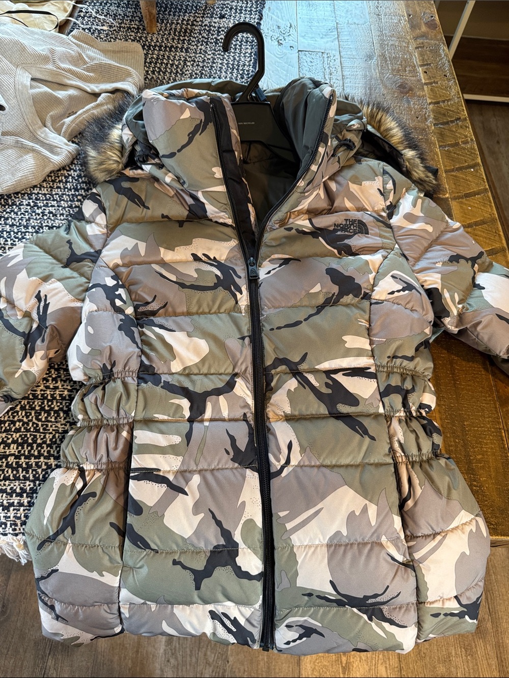 The North Face Women’s' Camo Puffer Jacket with Faux-Fur Hood - Olive/Gray/Black